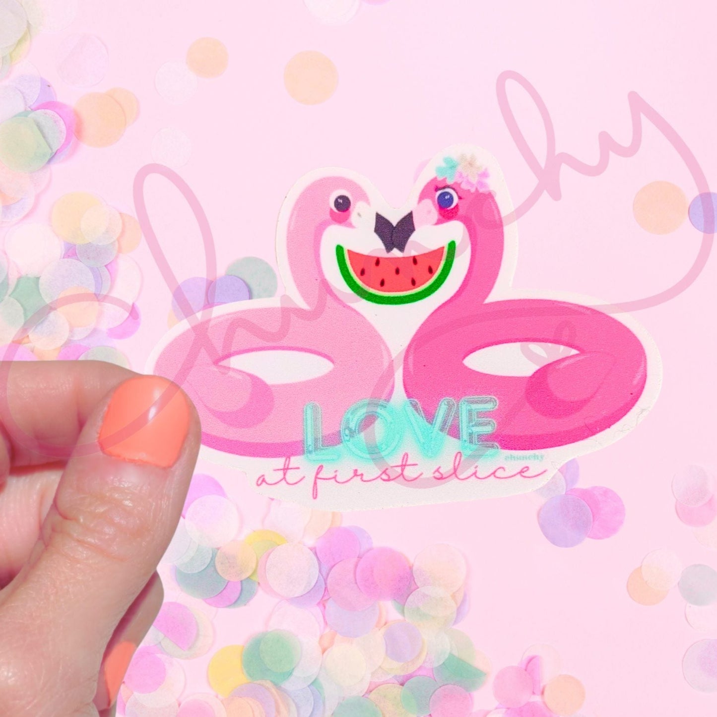 Love at First Slice, Watermelon Flamingos Pool Floatie Summer Die Cut Vinyl Sticker 🦩