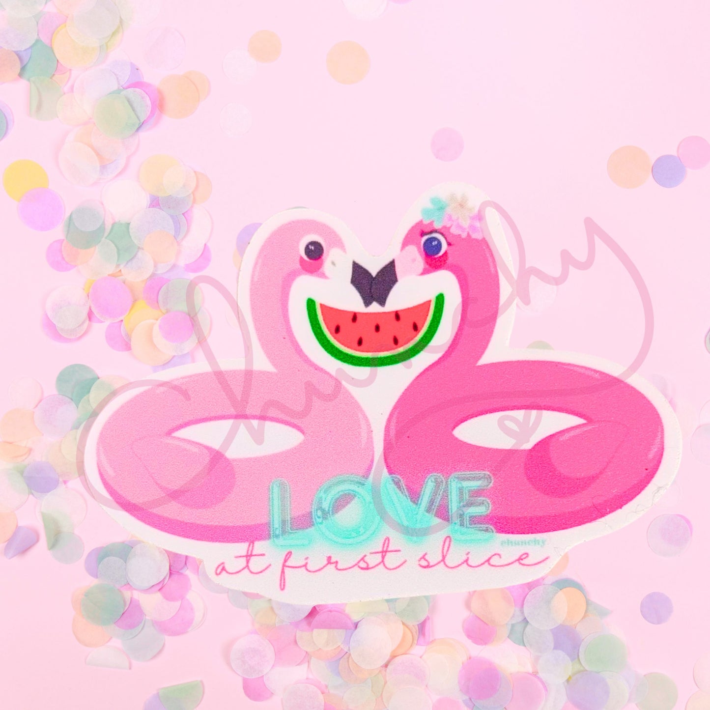Love at First Slice, Watermelon Flamingos Pool Floatie Summer Die Cut Vinyl Sticker 🦩