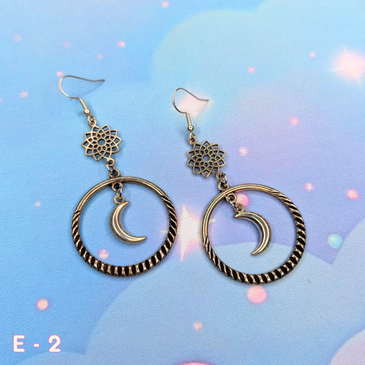 ✨ Silver Lotus Star Hoop and Crescent Moon Earrings ✨