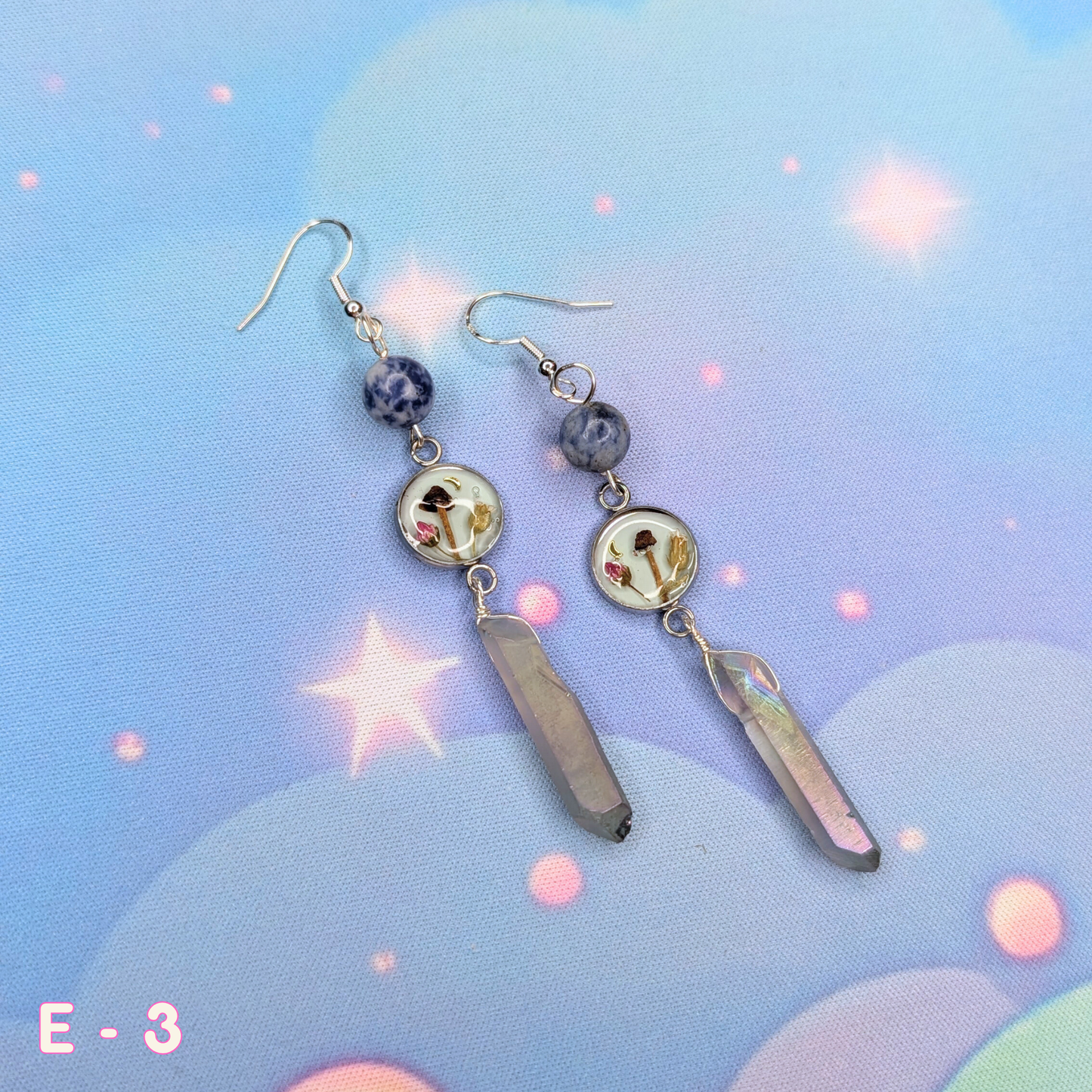 Authentic Mushroom, Sodalite and Resin Earrings with Quartz Crystal