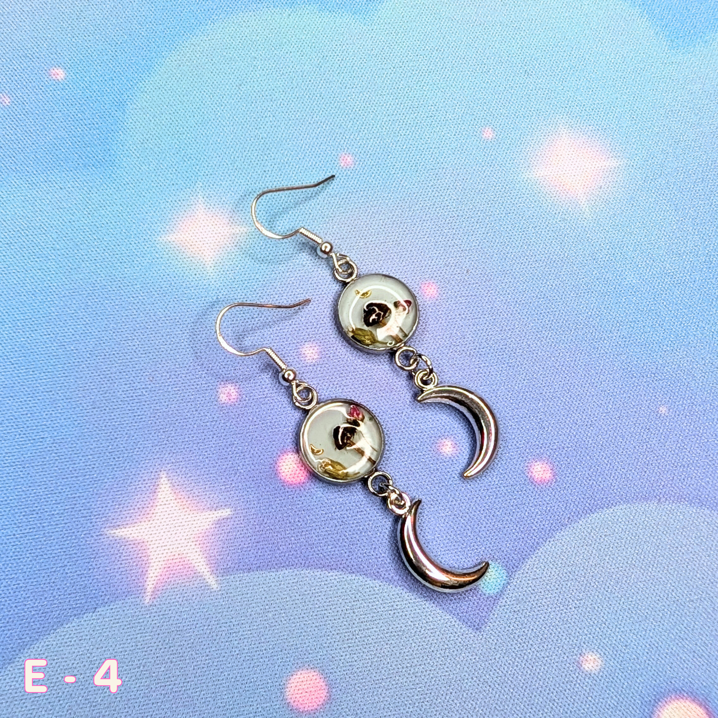 Handcrafted Silver Crescent Moon Earrings with Real Mushrooms and Flowers