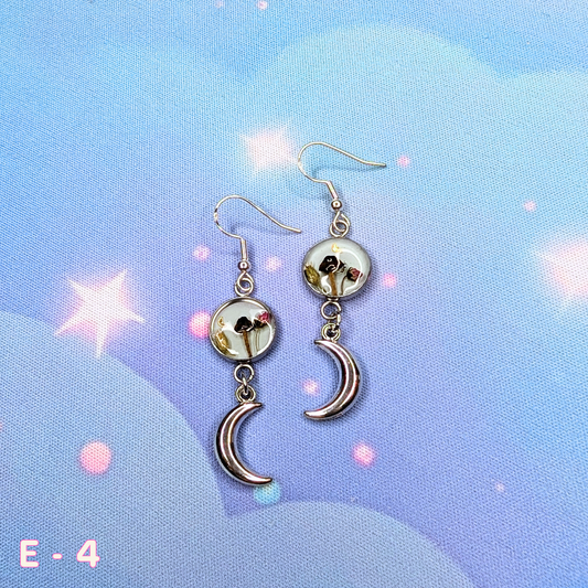 Handcrafted Silver Crescent Moon Earrings with Real Mushrooms and Flowers