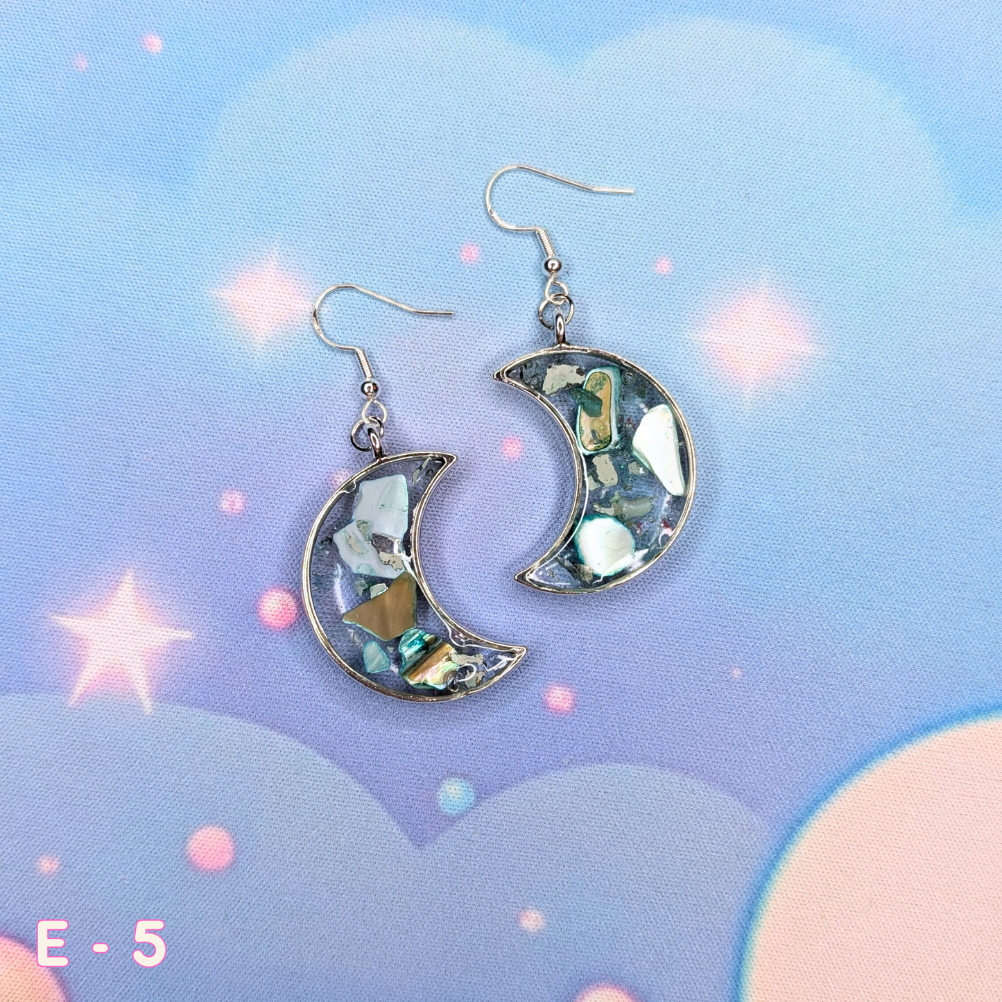 Moon-Shaped Silver Resin Earrings with Turquoise Seashells