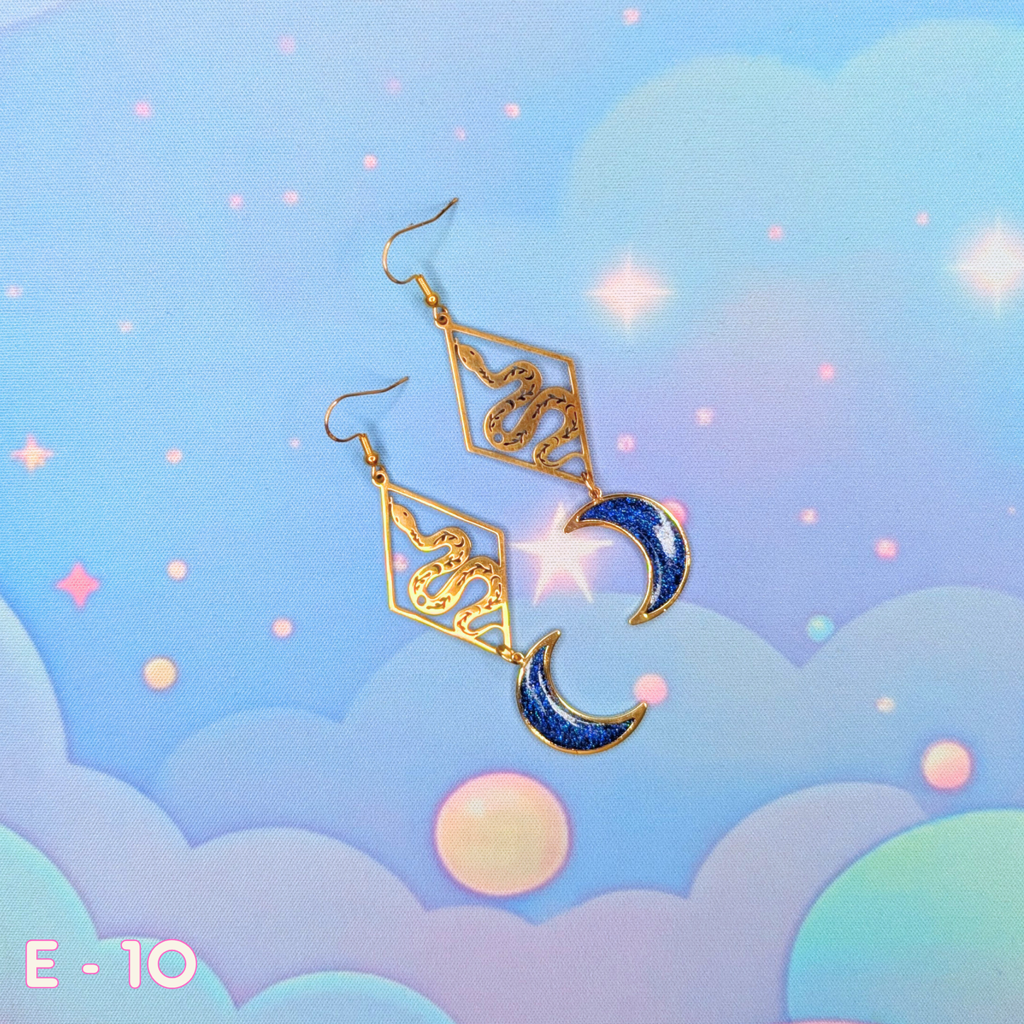 Gold Earrings with Blue Sparkly Resin Moons and Geometric Diamond Snakes