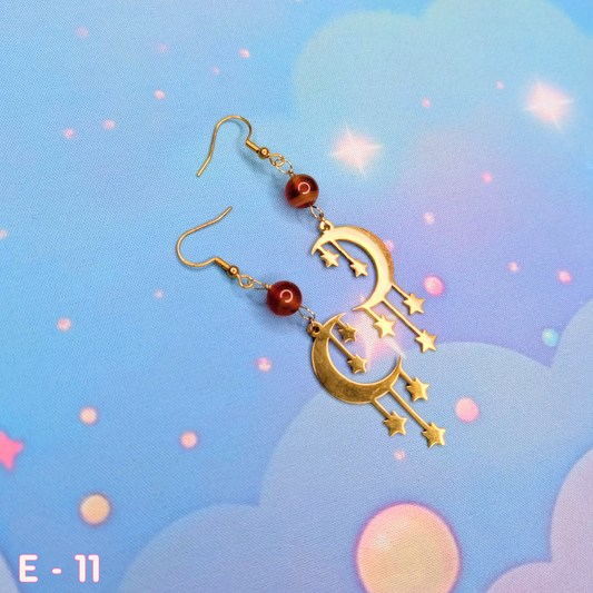 🌙 Gold Crescent Moon Earrings with Falling Stars and Citrine Stones 🌙