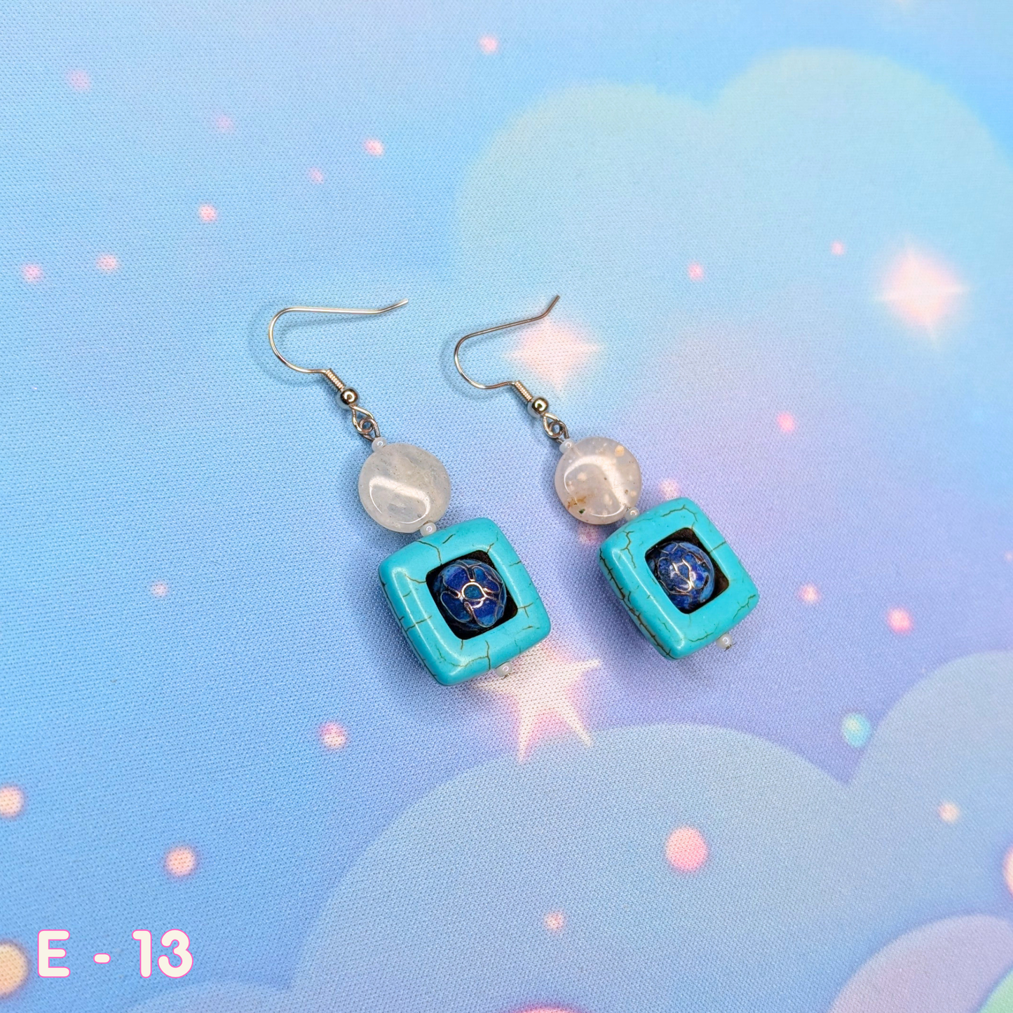 🌟 Silver Earrings with Natural Quartz, Turquoise Howlite, and Glass Beads 🌟