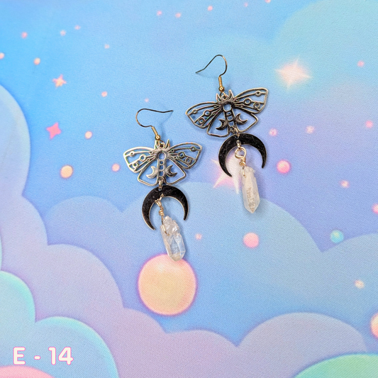 🦋 Silver Moth and Moon Earrings with Clear Quartz Crystals 🦋