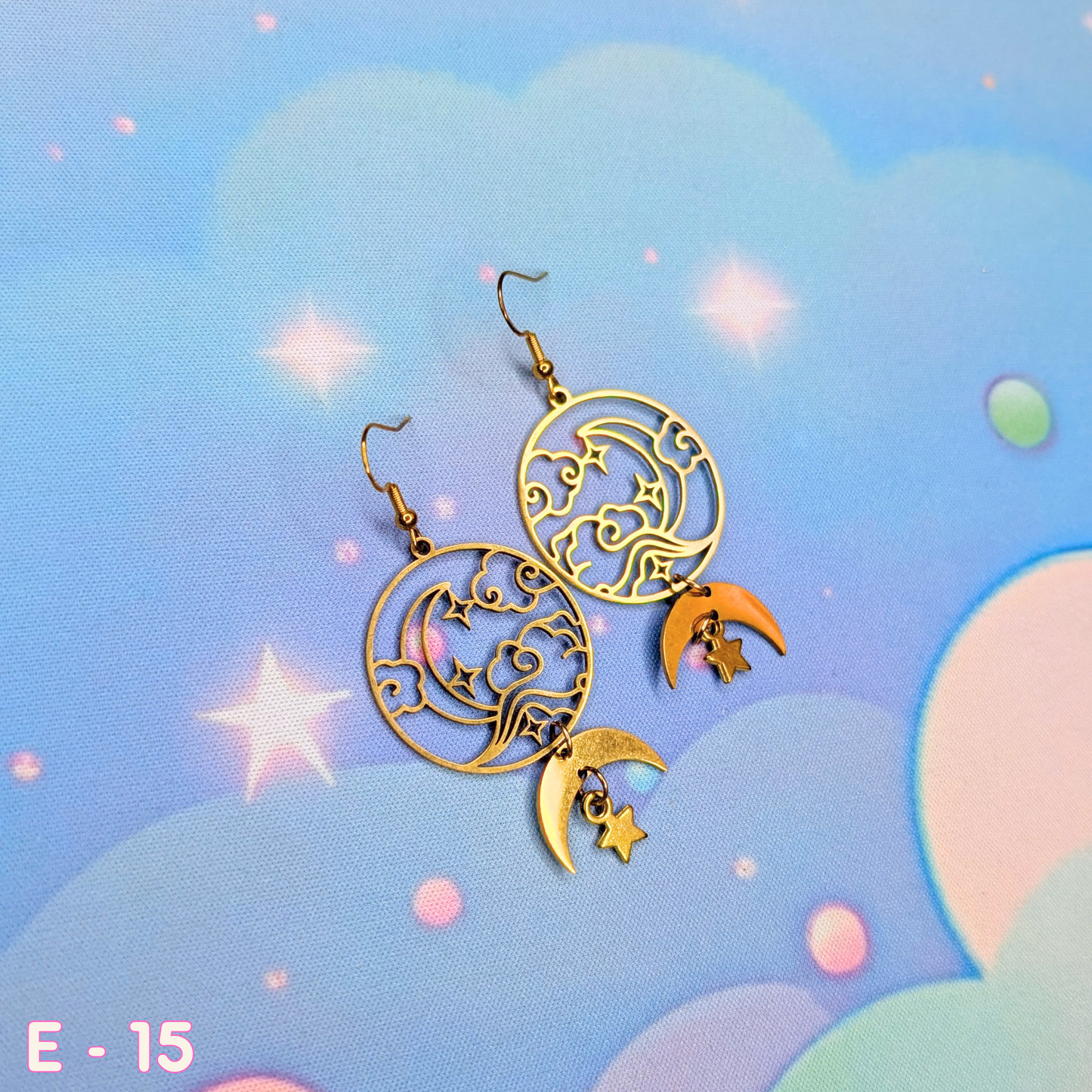 🌙 Gold Night Sky Crescent Moon Earrings with Clouds and Starbursts 🌙, 2 styles