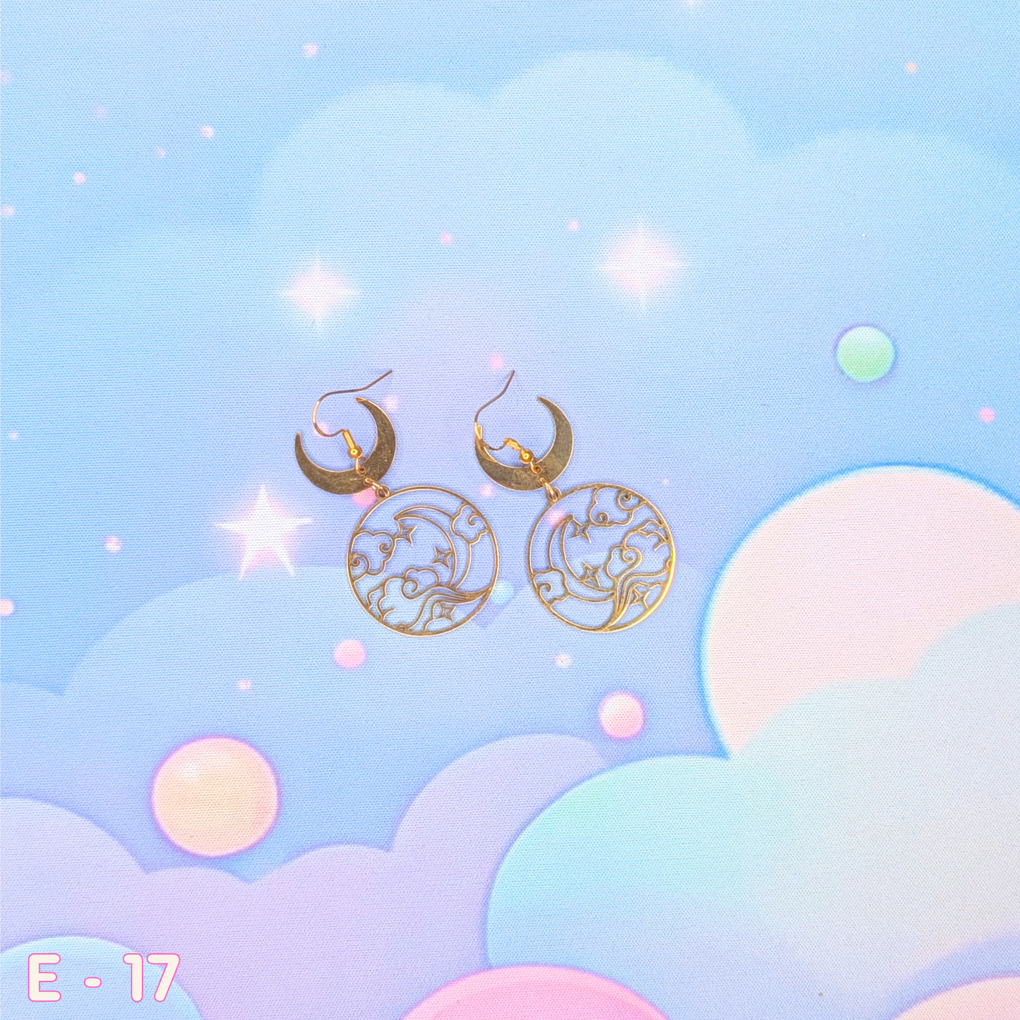 🌙 Gold Night Sky Crescent Moon Earrings with Clouds and Starbursts 🌙, 2 styles