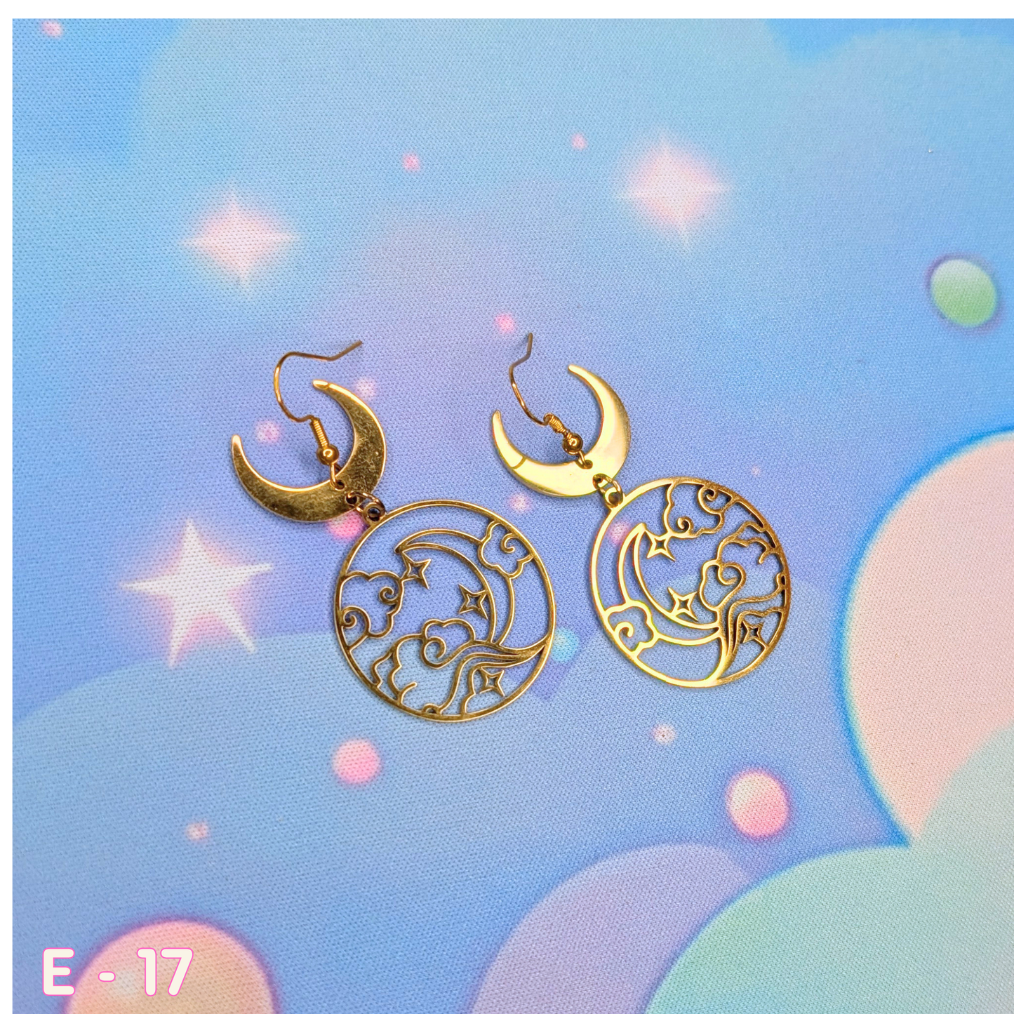 🌙 Gold Night Sky Crescent Moon Earrings with Clouds and Starbursts 🌙, 2 styles