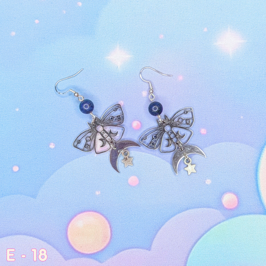 Silver Moth and Moon Earrings with Lapis Beads & Crescent Moons and Dangling Stars